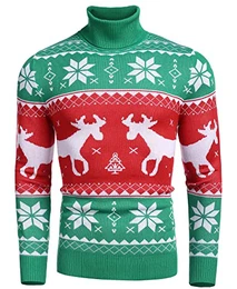 Herren Weihnachtspullover Rollkragenpullover Christmas Sweater Pullover mit Rundhalsausschnitt Norwegerpullover Weihnachtsgrün M