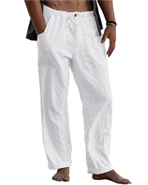 Herren Leinenhose Lange Leichte Sommerhose Lockere Freizeithose für Urlaub Strand Alltag Weiß M