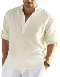 Leinenhemd Herren Hemd Herren Langarm Henley Shirt Herren Sommerhemd Strandhemd Leinen Freizeithemden Linen Shirt Men (3 Beige, M)