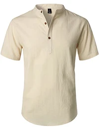 Sommerhemd für Herren, aus Baumwolle/Leinen, Kurzarm, lässiges Henley-Hemd, leichte Sommer-Oberbekleidung für den Strand, mit Stehkragen, XL