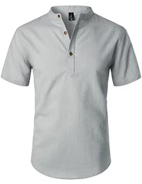 Sommerhemd für Herren, aus Baumwolle/Leinen, Kurzarm, lässiges Henley-Hemd, leichte Sommer-Oberbekleidung für den Strand, mit Stehkragen, Hellgrau, Mittel