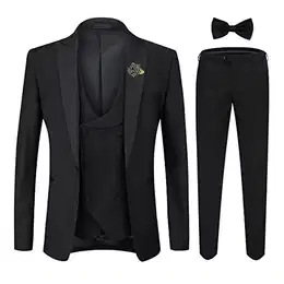 Herren Anzug Slim Fit 3 Teiliger Herrenanzug Modern Smoking mit Fliege und Broschen für Hochzeit Abschlussball, Schwarz, M