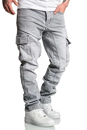 Herren Cargo Jeans Regular Slim Denim Hose Destroyed 7977 Hellgrau W34/L34