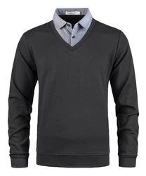Yukirtiq Herren 2 in 1 Hemd Kragen Langarm Strick-Pullover V-Ausschnitt Schwarz