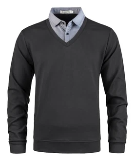 Yukirtiq Herren 2 in 1 Hemd Kragen Langarm Strick-Pullover V-Ausschnitt