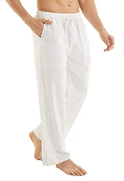 Herren Leinenhose Herren Lang Sommerhose Weit Leicht Loose Fit Freizeithose Yoga Urlaub Strandhose mit Kordelzug Weiß M