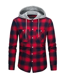 Holzfäller Jacke Herren Kapuze Freizeitshirt Casual Kariert Hemdjacke mit Brusttaschen Outdoor Atmungsaktiv Karohemd Weich Knopfleiste Baumwollshirt Rot M
