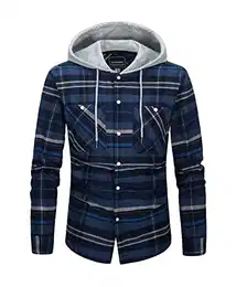 Leicht Karo Jacke Herren Hoodie Kariert Langarm Arbeitshemd mit Brusttaschen Vintage Plaid Holzfällerhemd Herbst Dünnes Karojacke für Frühling Herbst Blaugrau M