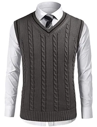 Herren Strickweste V-Ausschnitt Weste Fit Gestrickt Pullover Ärmellose Freizeit Business Pullunder Dunkelgrau M