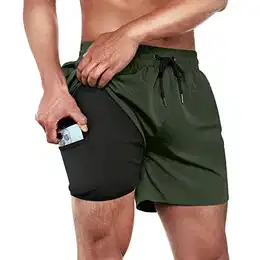 Badehose Herren Kurz Herren Badehose 2 in 1 Badeshorts Herren mit Kompressionsliner Board Shorts Schnelltrocknend, Armeegrün, Gr. S