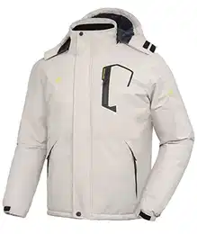 Skijacke für Herren Warm Fleece Snowboardjacke Wasserdicht Winterjacke Männer mit Abnehmbarer Kapuze (Cremeweiß-M)