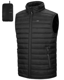 Herren Packbare Steppweste Outdoor Gefütterte Hybrid Sportwesten mit Stehkragen Outdoorwesten mit 5 Taschen Übergangswesten für Männer Laufen Golf Wandern Reiten, Schwarz M