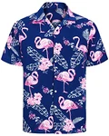 J.VER Herren Hawaiihemd Kurzarm Sommerhemd Casual Flamingo Floral Strandhemd Bügelfrei Button Down Faltenfrei Urlaub Shirt Blau