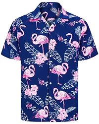 J.VER Herren Hawaiihemd Kurzarm Sommerhemd Casual Flamingo Floral Strandhemd Bügelfrei Button Down Faltenfrei Urlaub Shirt Blau