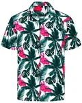 J.VER Herren Hawaiihemd Kurzarm Sommerhemd Casual Flamingo Floral Strandhemd Bügelfrei Button Down Faltenfrei Urlaub Shirt Grün
