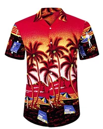 J.VER Herren Hawaiihemd Kurzarm Sommerhemd Casual Flamingo Floral Strandhemd Bügelfrei Button Down Kurzarm Hawaii Shirt Faltenfrei Urlaub Shirt,Rot Strand,XL