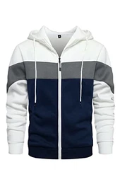 Herren-Kapuzenpullover mit Reißverschluss, Farbblock-Kapuze, Sweatshirt, langärmelig, Patchwork-Tops mit Taschen, weiß, M