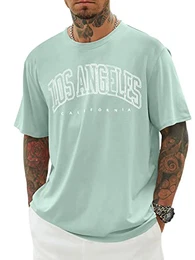 Oversized Tshirt Herren Rundhals Kurzarm Lose Sommer Oberteile Mode T-Shirt mit Los Angeles Grafik Kreativen Buchstaben Vintage Drucken Streetwear Sport Casual Lang Tops A Grün M