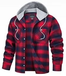 Flanellhemd Herren Frühlings Weich Kapuzenhemd Baumwolle Lumberjacket Arbeitshemd Kapuzenjacke für Männr (Rot, M)
