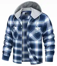 Herren Checked Hemd Jacke Langarm Holzfällerhemd Flanelljacke Plaid Shirts Karohemd mit Kapuze (Blau Weiß, M)