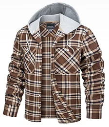 Herren Baumwolle Freizeitjacke Hoodie Jagdhemd Karohemd Normale Passform Thermohemd mit Kapuze, Braun, M