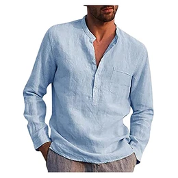 Herren Hemd Leinenhemd Retro Einfarbig Henley Hemd Stehkragen Langarm Hemden mit Knopf Männer Regular Fit Hemdbluse Beiläufige Bluse Sommerhemd Herren Alltag Hemd Freizeitoberteil für Casual