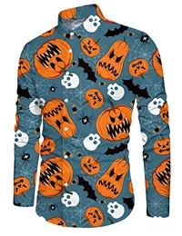 IDGREATIM Herren Halloween Hässliche Shirt Schädel Print Party Langarm Button Down Herren Casual Shirts Halloween Blau M