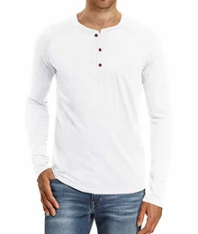 Herren T-Shirt Baumwolle Langarm Alltags-Henley-Hemd,Weiß,M EU
