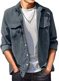 Cord Hemd Herren Hemdjacke Hemden Langarm Dünne Einfarbig Vintage Freizeithemd Casual mit Fronttasche Regular Fit Grau M