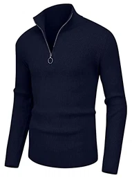 Herren Pullover 1/4 Zip Polo Hals Pullover Für Männer Langarm Oberteile Gerippte Schildkröte Hals Viertel Zip Strickwaren Pullover (Marineblau, M)