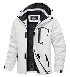 Herren Winter Winddichte Winterjacke Warme Fleece-Futter Ski Übergangsjacke mit Abnehmbarer Kapuze, Weiß, M