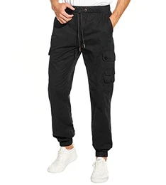Herren Jogginghose Chino Lang Hose Verstellbarer Gürtel Baumwolle Streetwear Cargo-Hose für Männer Freitzeithose mit Große Taschen Schwarz,M