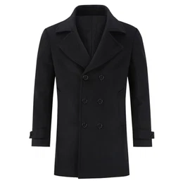 Wollmantel Herren Winter Zweireihig Midimantel Winterjacke Mittellang Warm Herrenmantel für Business Schwarz L