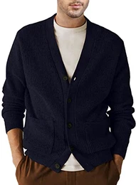 Herren Strickjacke V Ausschnitt Cardigan Winterjacke Knitwear mit mit Knopfverschluss und Seitentaschen für Herbst Winter Blau M