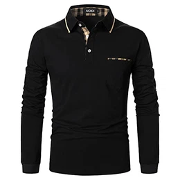 Baumwolle Herren Plaid Poloshirt Langarm Basic Tennis Polohemd Polo A-Schwarz M