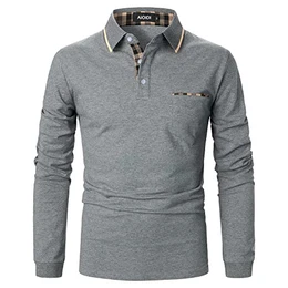 Baumwolle Herren Plaid Poloshirt Langarm Basic Tennis Polohemd Polo A-Grau M