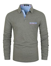 Poloshirt Herren Langarm Baumwolle Regular Slim Fit Plaid Denim Golf Polohemd M-3XL,Grau,M