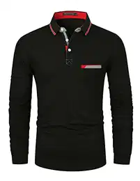 Poloshirts für Herren Baumwolle Langarm Casual T-Shirt Kontrastblende Polohemd,Schwarz,M
