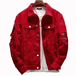 Herren Jeansjacke, Vintage Zerrissene Jeansweste mit Langen Ärmeln, Jacke, Oberteile, Rock-Punk-Kleidung, Denim (Color : Red, Size : M)