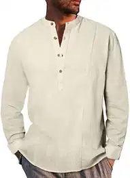 Hemd Herren Henley Shirt Baumwolle Frühling Sommer Langarm T-Shirts Freizeithemd Regular Fit Casual Beige M