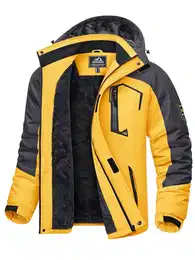 Herren Skijacke Warm Gefütterte Softshelljacke Winter Atmungsaktiv Outdoorjacke Verdick Winddicht Übergangsjacke mit Kapuze Grau-gelb M