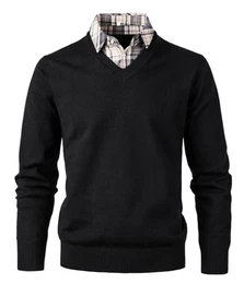 Hemd Pullover Herren 2 in 1 Langarm Strick-Pullover mit V-Ausschnitt Slim Fit Schlicht Casual Strickjacke Sweatshirt Winterpullover Pulli mit Hemdkragen Mock