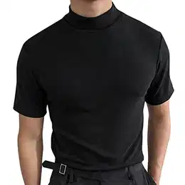 Männlich Sommer Solide T-Shirt Bluse Stehkragen Rollkragen Kurzarm Tops T-Shirt Herren Tank Top Schwarz