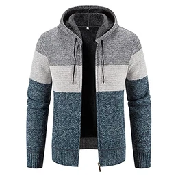 Herren Strickjacke Strickpullover mit Kapuze Fleece Gefüttert Reißverschluss Langarm Kapuzenpullover Cardigan Hoodie Strickmantel jacke Freizeitjacke Outwear(M,Blau Grau mit Kapuze)