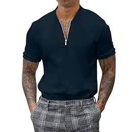 Herren Casual Solid Zipper Stehkragen Bluse Kurzarm Tops Shirt Mit Brusttasche