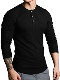 Langarmshirts für Herren,Henley Longsleeve Langarm Pullover,Baumwolle Gerippt Stoffe,Schmale Passform Thermo Tshirt,Slim Fit Sport Muskelshirts (Schwarz/M)