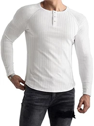 Langarmshirts für Herren,Henley Longsleeve Langarm Pullover,Baumwolle Gerippt Stoffe,Schmale Passform Thermo Tshirt,Slim Fit Sport Muskelshirts (Weiß/M)