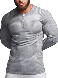 Herren Baumwolle Langarm Shirt,Longsleeve Muskelshirts,Casual Henley Tshirt,Slim Fit Geripptes Hemd(Grau/M)