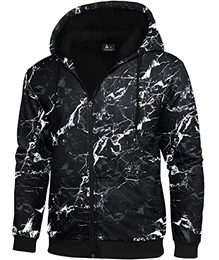 Fleecejacke Herren Full Zip Kapuzenpullover Freizeitjacke Winter Outdoor Drucken Sweatjacke mit Kapuze(0111 Schwarz Weiß-XL)