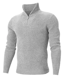 AIDEAONE Männer Zip Pullover Turtleneck Strickpullover Stehkragen Pullover Sweater Slim Fit Basic Feinstrick Zip Neck Pullover Hellgrau